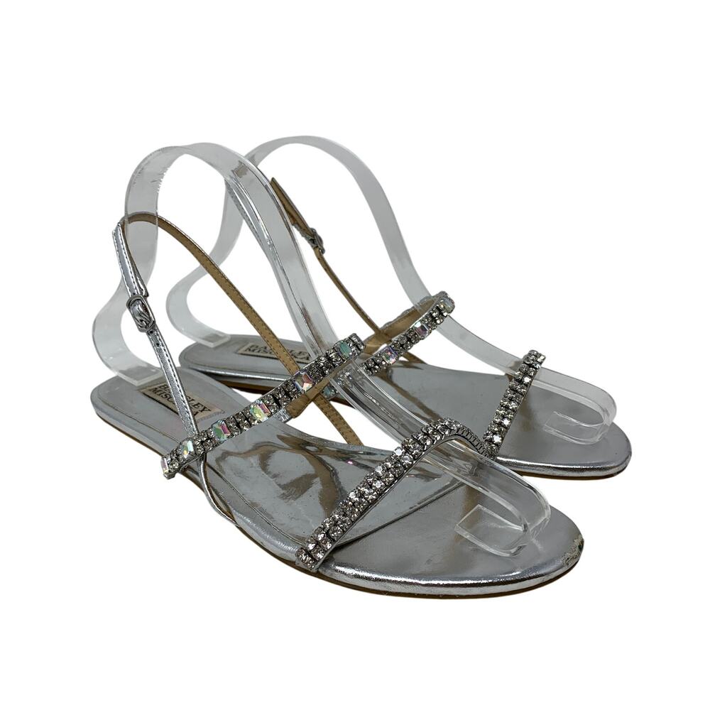 Badgley Mischka Silver Crystal Rhinestone Flat Sandals Womens Size 7 Slingback